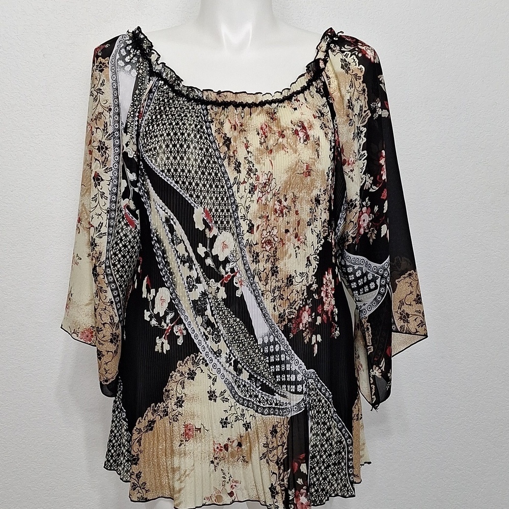 Piano Black Cream Fairy Whimsigoth Beaded Patchwork Pleated Blouse Size 3X